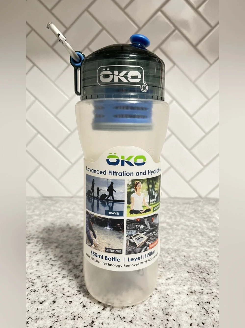 ÖKO H2O 650ml Level II Water Filter Bottle BPA Free New w/ Directions Camping